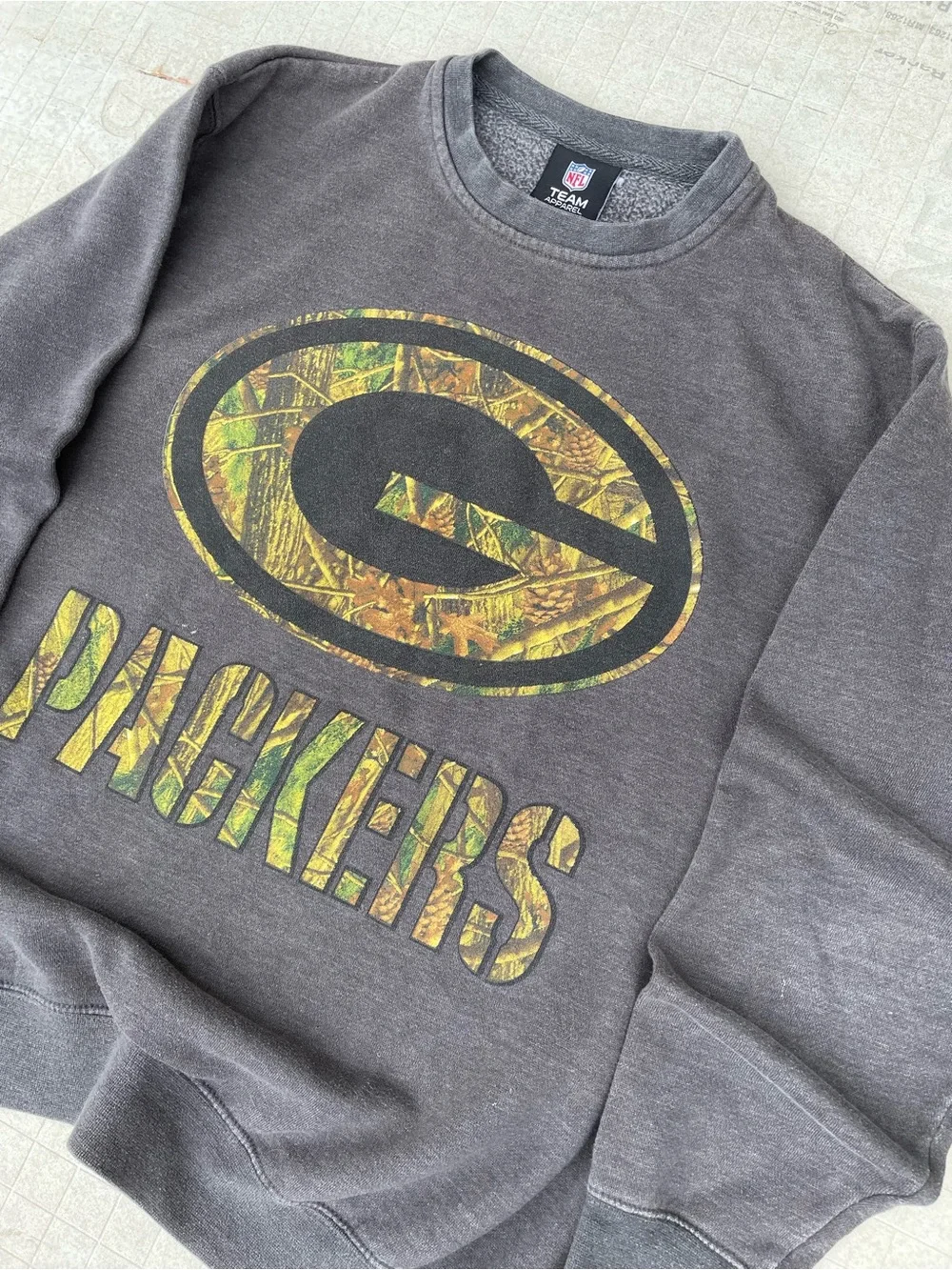 NFL Gray Crewneck Sweatshirt with Green Camo Packers Logo
